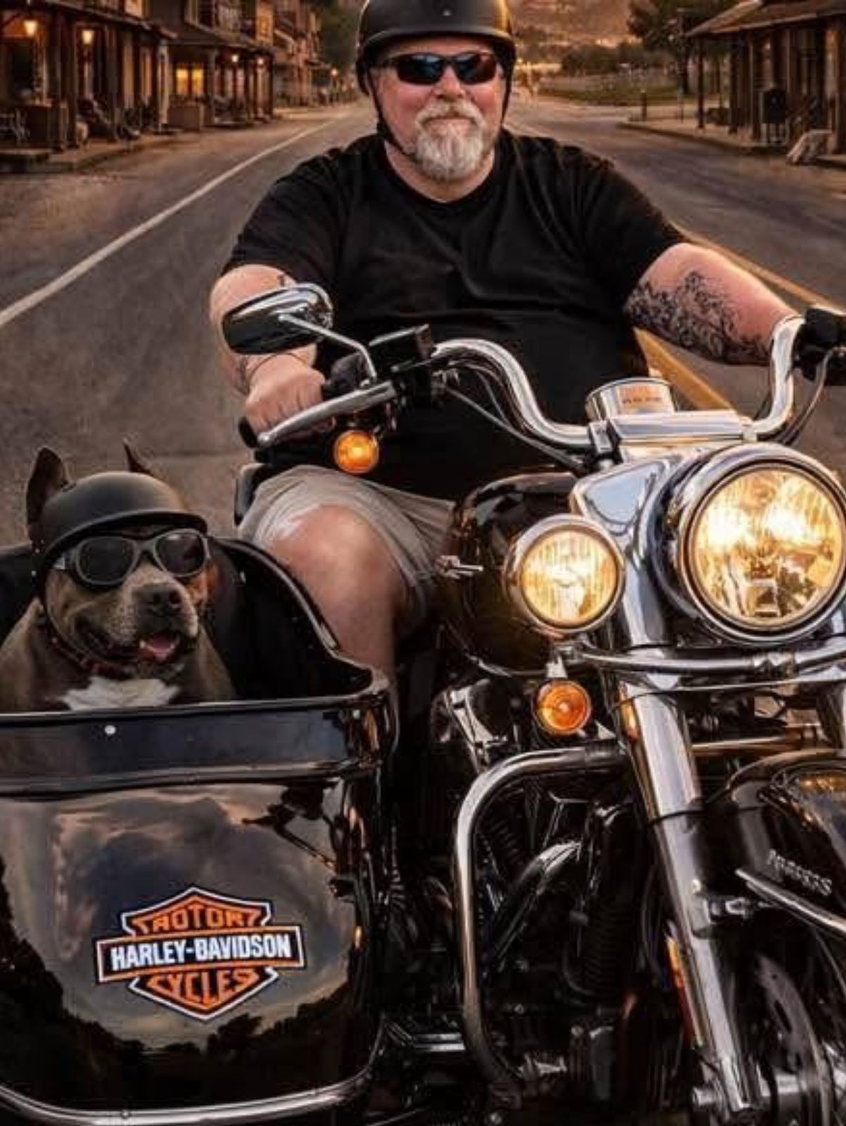 Neil on his motorcycle with a small dog riding along